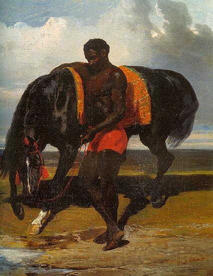 Alfred Dedreux Africain tenant un cheval au bord d'une mer Spain oil painting art